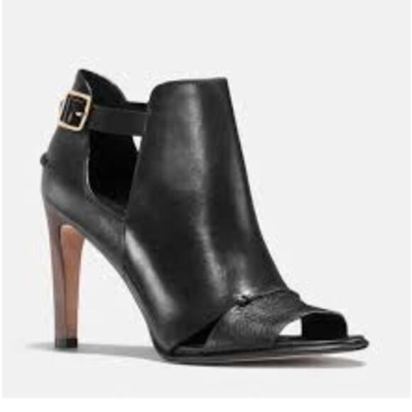 Coach Black Leather Idena Cut Out Open Toe Booties w/ Brown Wood Heel • Size 7 - Picture 1 of 5